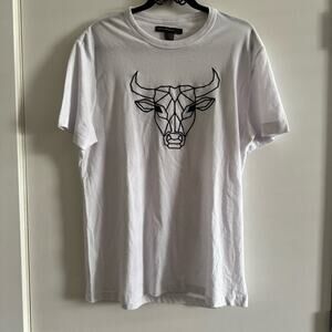 French Connection White Black Bull Embroidered Short Sleeve Crew Neck Tee sz L
